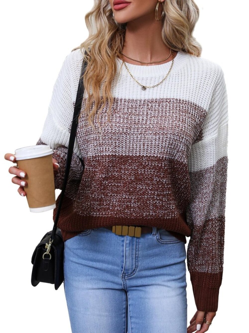 Women's Striped Color Block Sweater Long Sleeve Crewneck Casual Loose Fit Soft